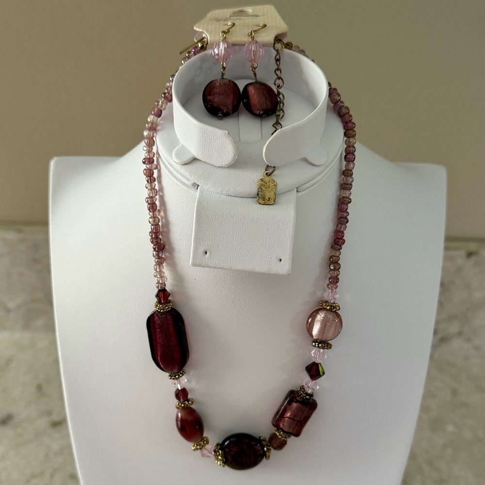 Elegant Purple and Rose Beaded Necklace and Earring Set